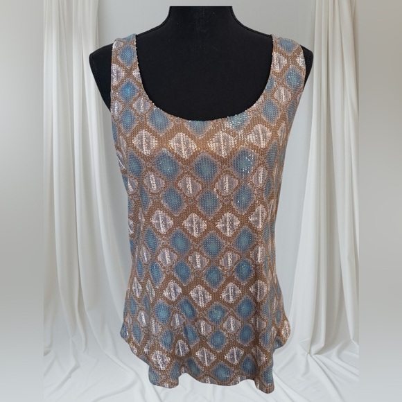 AREA.NYC HAUTE COUTURE BLUE & TAN SEQUIN DRESSY COCKTAIL FORMAL LUXURY TOP SZ M - Picture 2 of 9